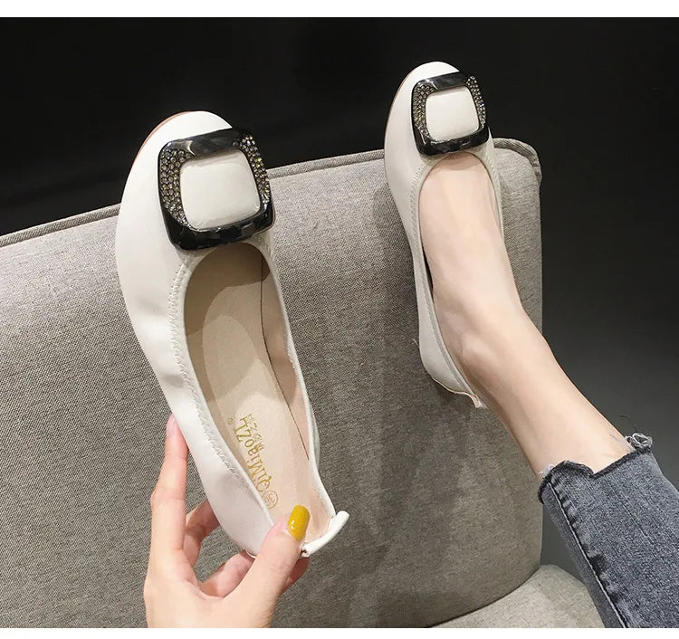 Flats Crystal Square Metal Buckle Foldable Ballet Flats Women Shoes Ballerina Cozy Soft Bottom Moccasins Plus Size 34-43 Loafers