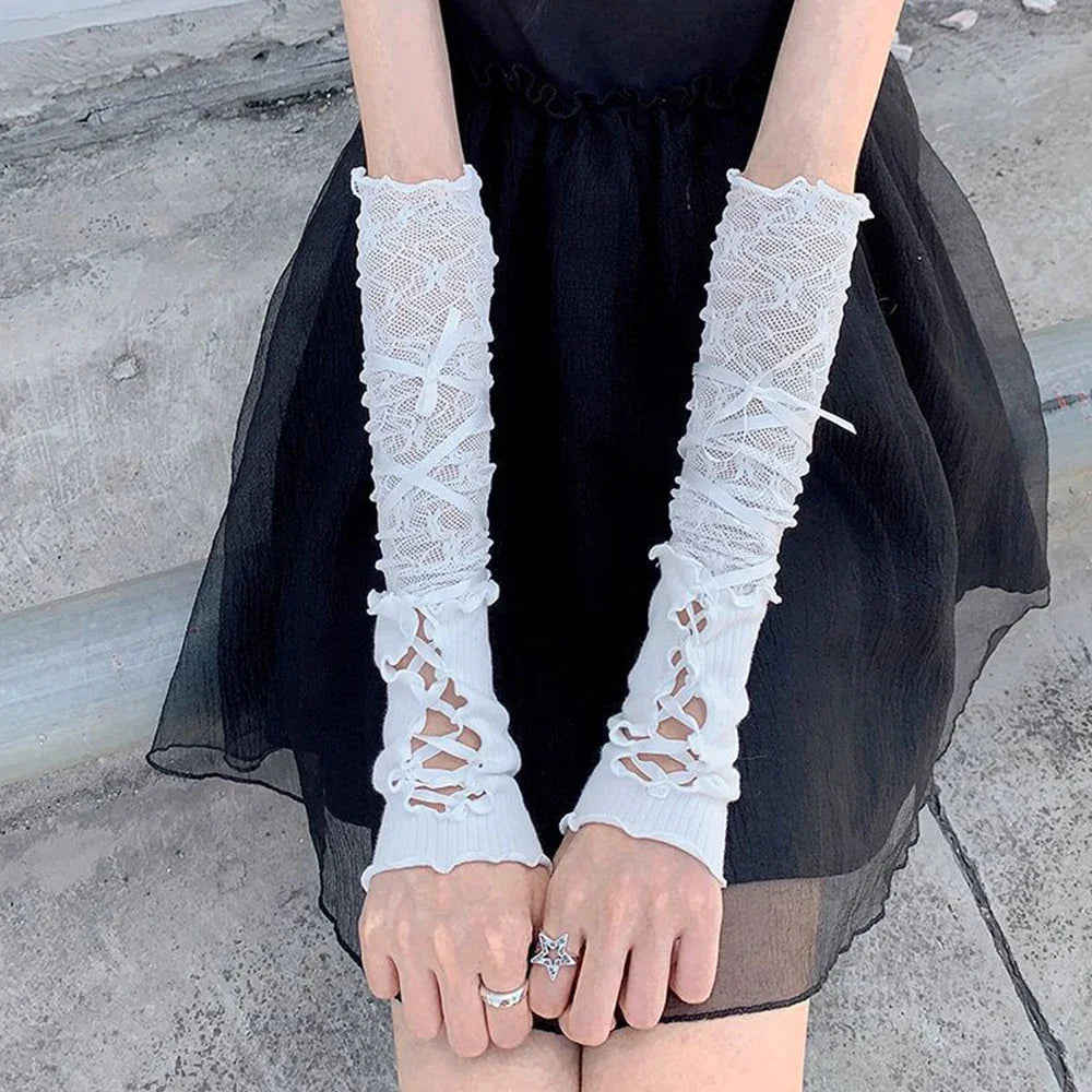 Lace Fingerless Strapping Arm Sleeve Sunscreen Sleeve Elastic Arm Warmers Lace-Up Sun Protection Cuff Bow Tie Long DIY Gloves