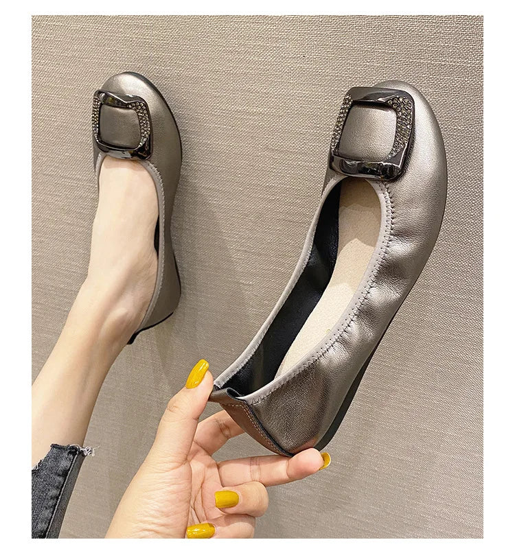 Flats Crystal Square Metal Buckle Foldable Ballet Flats Women Shoes Ballerina Cozy Soft Bottom Moccasins Plus Size 34-43 Loafers